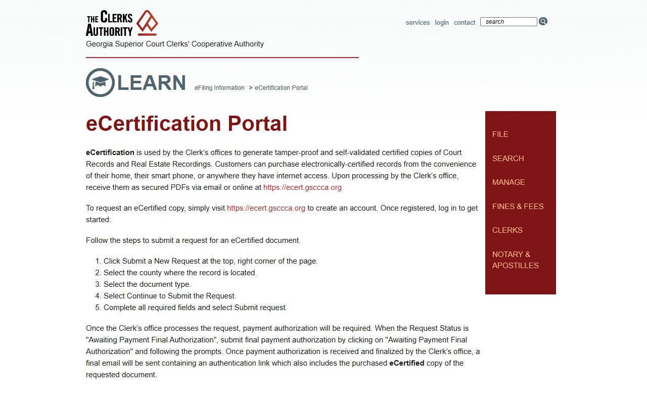 Jasper County Clerk of Superior Court GSCCCA eCertification portal