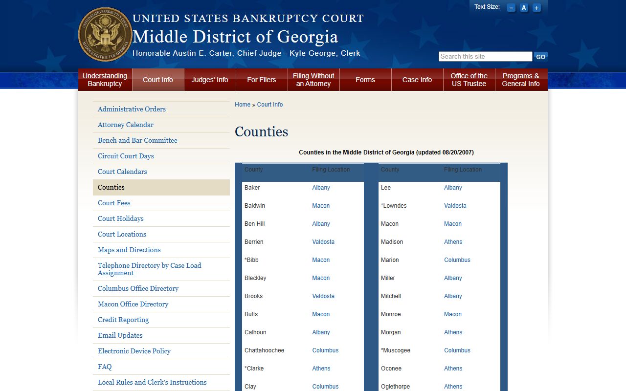 Jasper County criminal court records bankruptcy court Macon filing location table