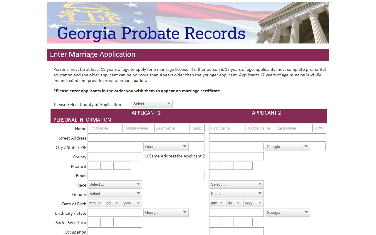 Jasper County marriage records Georgia Probate Records marriage application